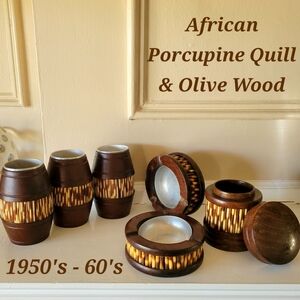 RARE! Porcupine Quills Set In Olive Wood Mugs, Trinket Box & 2 Ashtrays